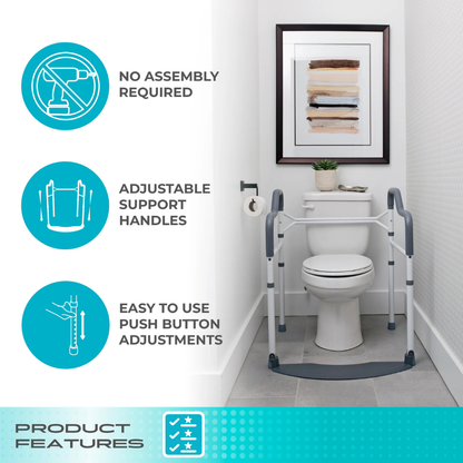 The Stander Wonder Toilet Safety Rails & Standing Aid features gray adjustable handles for stability, requires no assembly, and offers easy push button adjustments. An abstract artwork hangs above the white toilet.