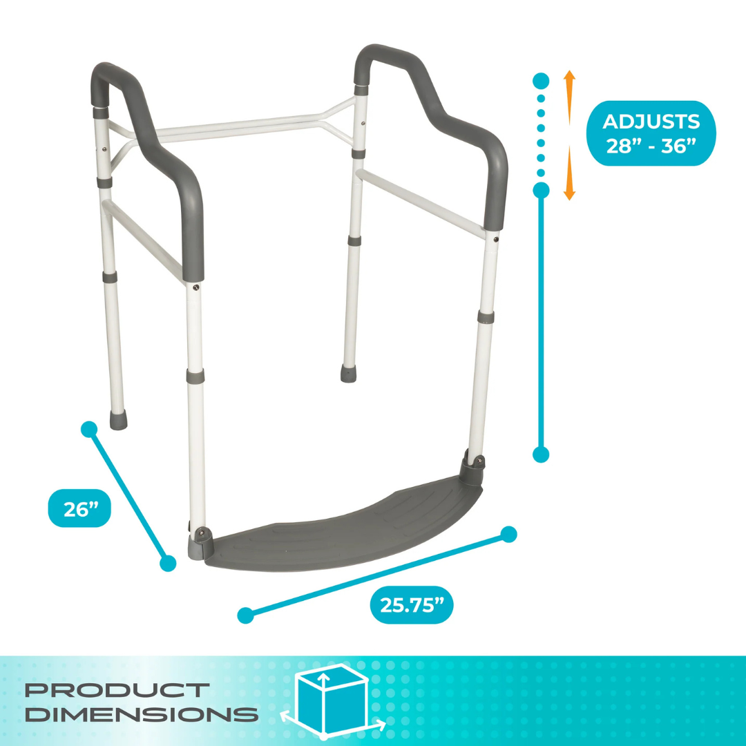 The Stander Wonder Toilet Safety Rails & Standing Aid is a white and gray adjustable frame with handrails, four legs, height from 28–36", width 25.75", side depth 26"; ideal as a bathroom aid or standing support. Product Dimensions below.