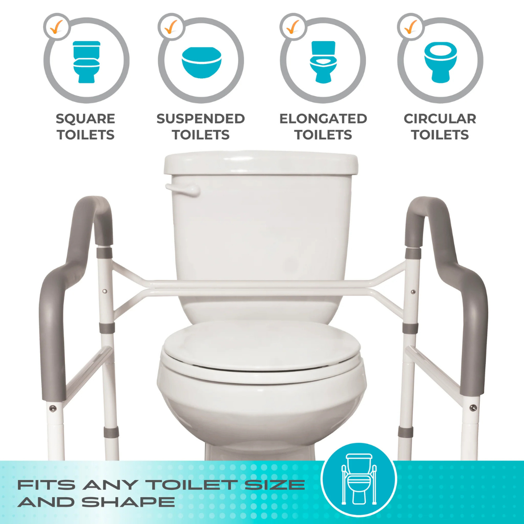 The Stander Wonder Toilet Safety Rails & Standing Aid fit all toilet types—square, suspended, elongated, and circular—providing stability and support in the bathroom.