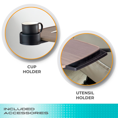 Two circles show a close-up of the Stander Wonder Tray Premium’s black cup holder with a mug and utensil holder, both attached to the edge of this adjustable XL TV tray. Text: Cup Holder and Utensil Holder. Bottom text: Included Accessories.