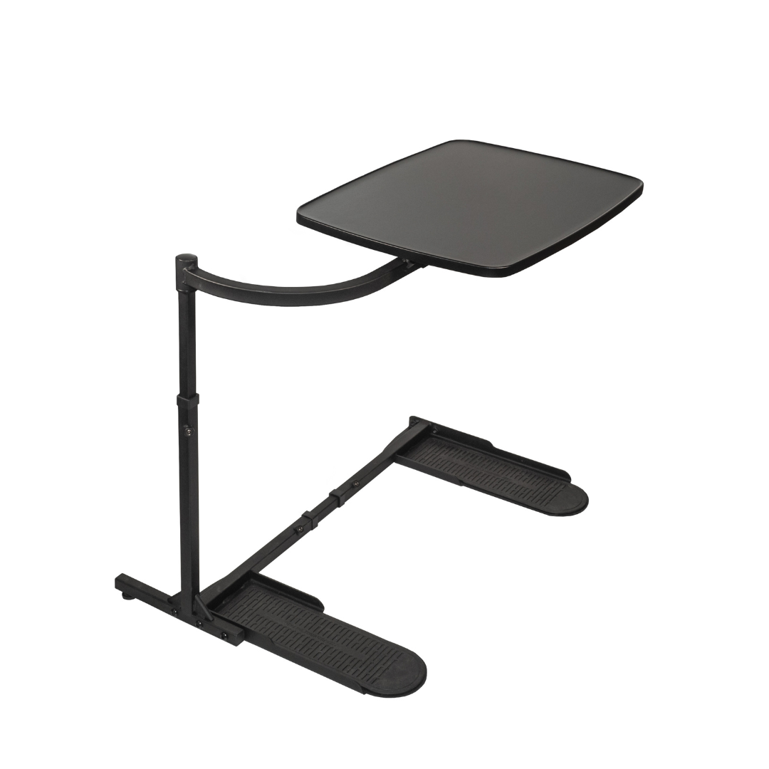 The Stander Wonder Tray XL - Swivel Living Room Tray Table is a black adjustable stand with a flat rectangular surface and sturdy metal frame, ideal for use as a laptop stand or TV tray, featuring two wide feet for stability.