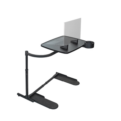 The Stander Wonder Tray XL is a portable, black swivel tray table with a tilting surface, cup holder, document holder, and sturdy base—ideal as an adjustable laptop stand or tray for use on your bed or couch.
