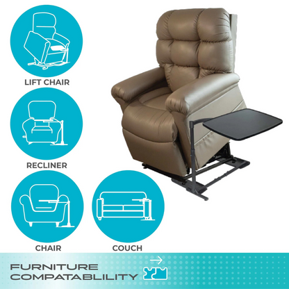The Stander Wonder Tray XL is a brown lift chair with an attached black swivel tray table. Icons show compatibility with lift chairs, recliners, chairs, and couches. Text reads Furniture Compatibility.