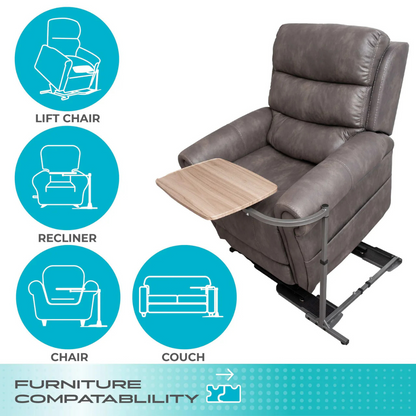 The Stander Wonder Tray - Swivel Living Room Tray Table is shown with four blue icons for compatibility with lift chairs, recliners, chairs, and couches. Text at the bottom reads Furniture Compatibility.