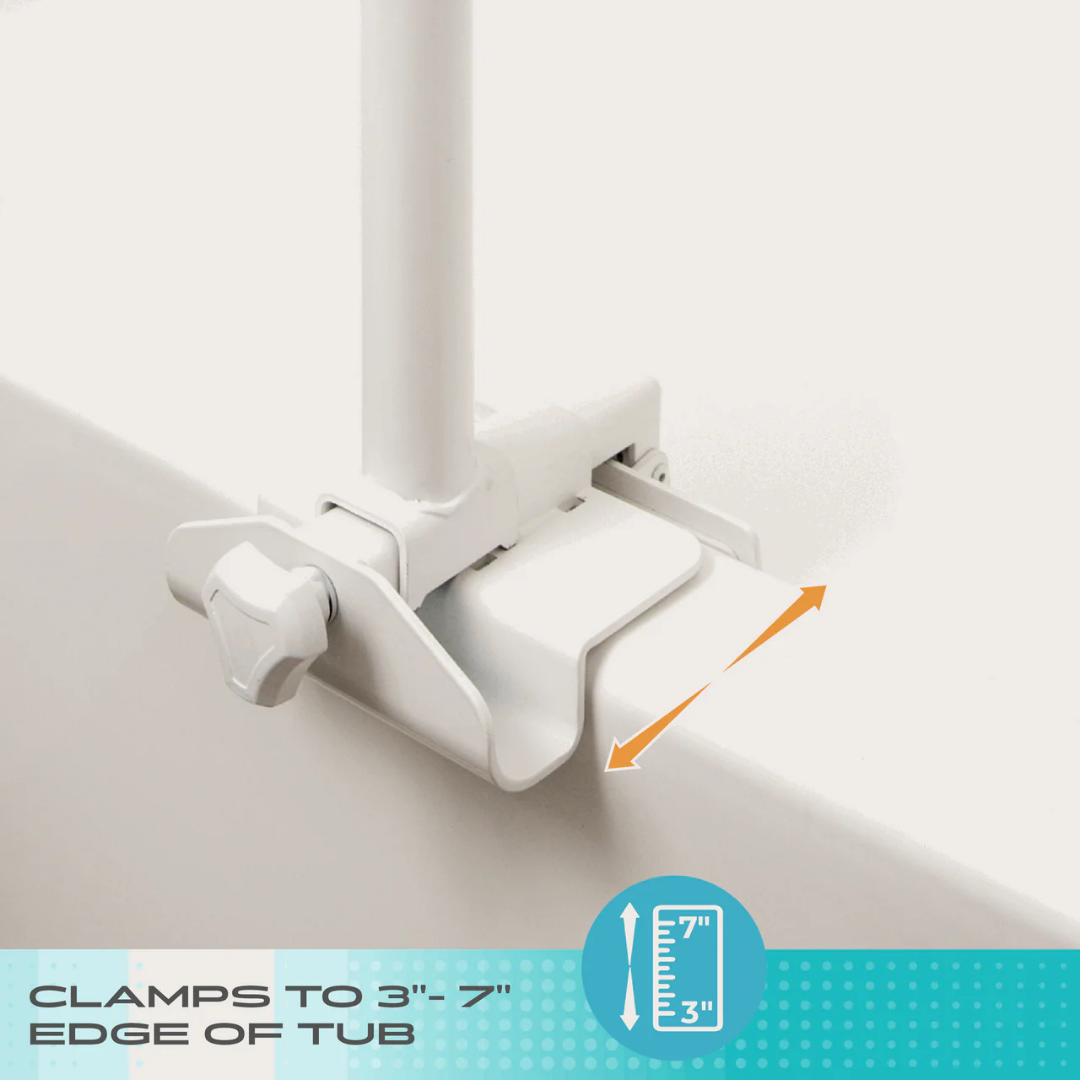 Close-up of the Stander Wonder Bathtub Pole Lite clamped to a bathtub edge, demonstrating its adjustable fit for tub edges 3–7 inches wide. A diagram highlights its bathroom safety adjustable range.