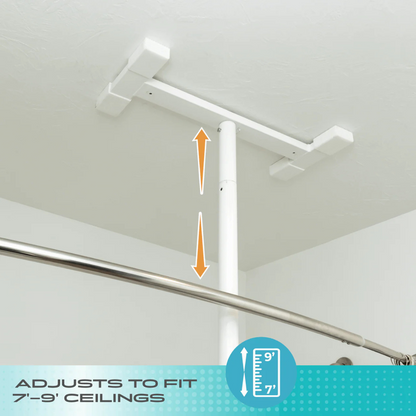 The Stander Wonder Bathtub Pole Lite, a white adjustable ceiling support pole for bathroom safety, is shown installed. Orange arrows show its vertical adjustment. Text below notes it fits 7’–9’ ceilings, with a measuring graphic.