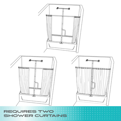 Black and white line drawings show the Stander Wonder Bathtub Pole Lite with a curved shower rod holding two shower curtains in various open and closed positions. Text below states: REQUIRES TWO SHOWER CURTAINS.