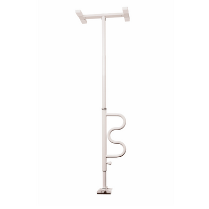 The Stander Wonder Bathtub Pole is a white, floor-to-ceiling security pole with adjustable height and a curved support handle, designed for fall prevention and added safety in bedrooms or bathrooms.