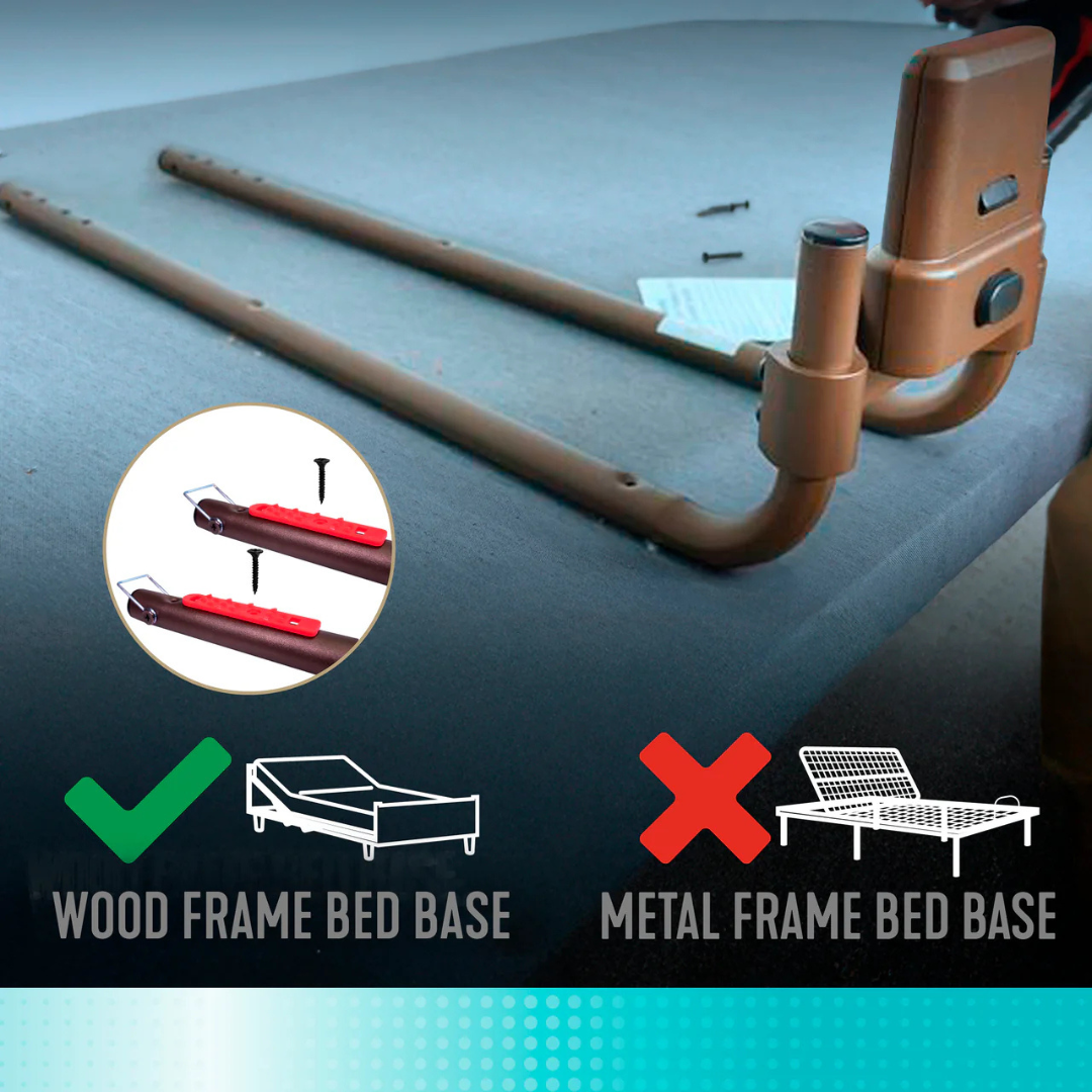 The Signature Life Freedom Click Extendable Bed Rail provides fall protection for wood frame beds (green check). Not suitable for metal frame beds (red X). Includes an adjustable bed handle for extra safety and support.
