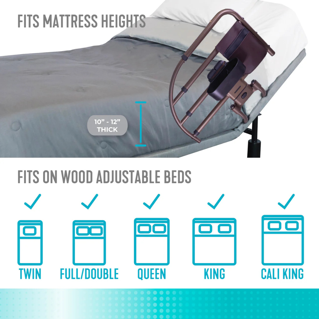 The Signature Life Freedom Click Extendable Bed Rail with a raised safety rail for fall protection is shown on a 10–12" thick mattress. Icons show it fits twin, full/double, queen, king, and California king wood adjustable beds.