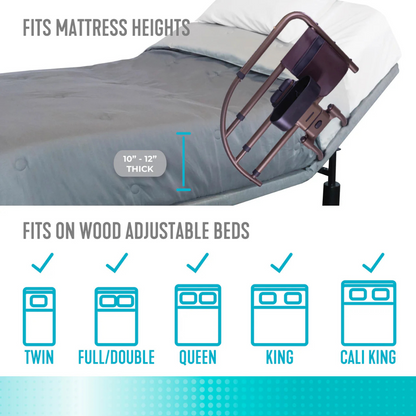 The Signature Life Freedom Click Extendable Bed Rail with a raised safety rail for fall protection is shown on a 10–12" thick mattress. Icons show it fits twin, full/double, queen, king, and California king wood adjustable beds.