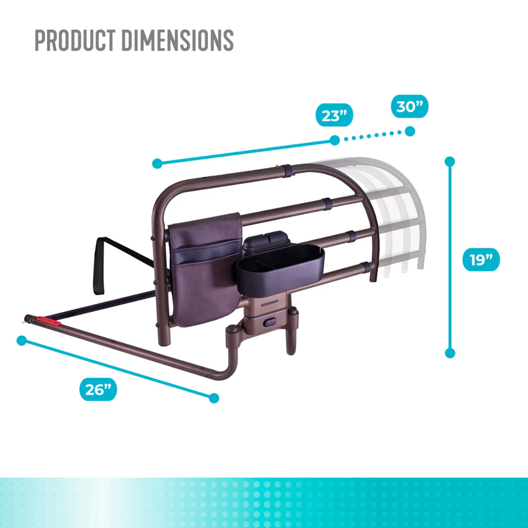 The Signature Life Freedom Click Extendable Bed Rail in brown features an organizer pouch, handle, and fall protection. Dimensions: 26" long, 19" high, adjustable width from 23"-30", shown with blue dotted arrows labeling the measurements.