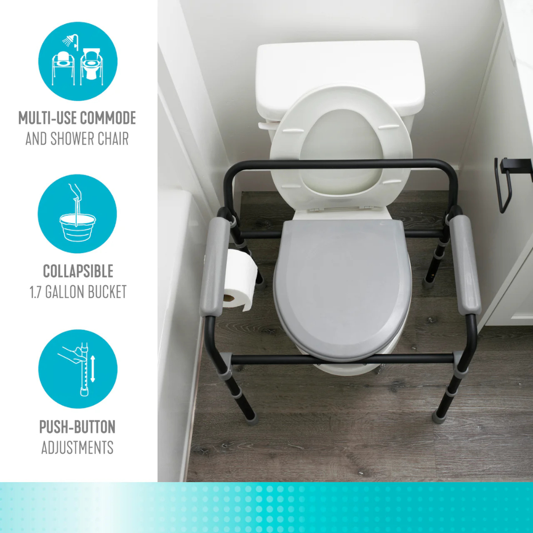 Overhead view of a toilet with the Stander Universal Bedside Commode with TP Holder. Icons and text highlight features: multi-use commode and shower chair, collapsible 1.7-gallon bucket, toilet paper holder, and push-button height adjustments.