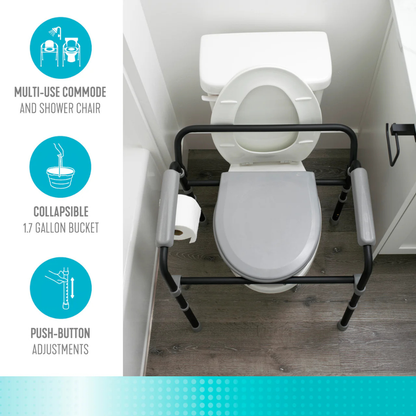 Overhead view of a toilet with the Stander Universal Bedside Commode with TP Holder. Icons and text highlight features: multi-use commode and shower chair, collapsible 1.7-gallon bucket, toilet paper holder, and push-button height adjustments.