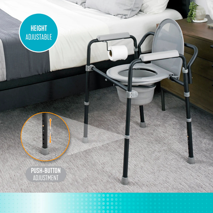 The Stander Universal Bedside Commode with TP Holder, shown by the bed, features a gray seat, armrests, a toilet paper holder, and space-saving push-button height adjustment on the legs.
