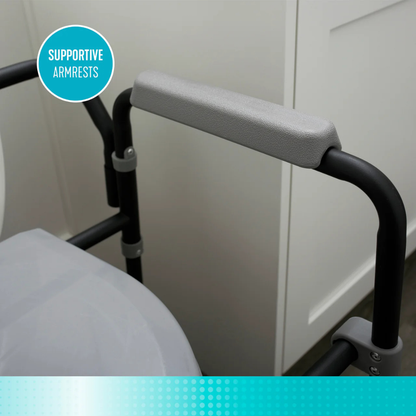 A close-up of the gray and black supportive armrest on the Stander Universal Bedside Commode with TP Holder, featuring a teal circle labeled "Supportive Armrests." Part of a white cabinet and seat appear in the background.
