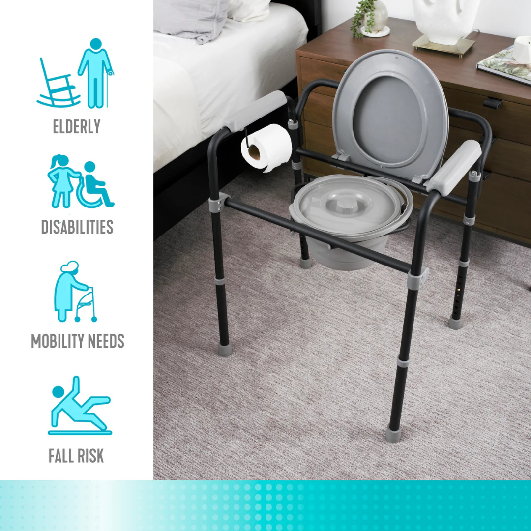The Stander Universal Bedside Commode with TP Holder fits beside a bed or nightstand, offering a compact, versatile solution for seniors, people with disabilities, mobility issues, and fall risk. Side icons highlight its adaptive Stander design.