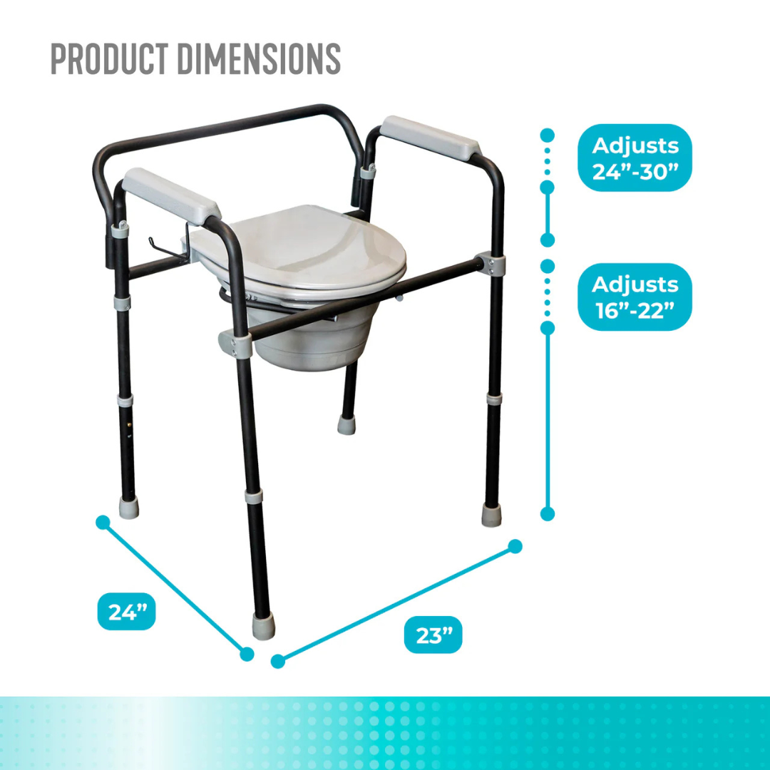 The Stander Universal Bedside Commode with TP Holder saves space, features armrests and adjustable height. Dimensions: 24" wide x 23" deep; seat height adjusts 16-22"; overall height 24-30".