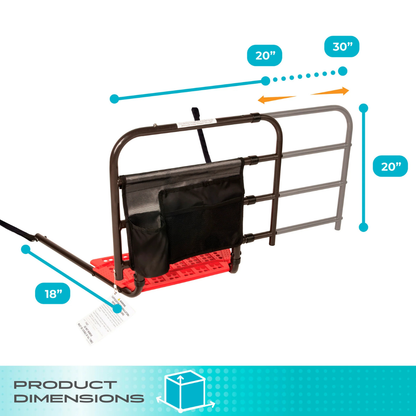 Stander Wonder EZ Adjust Bed Rail - Extendable, shown with a black pouch and red base. This bed assist rail features an adjustable design for customizable support, with a 20” tall rail, 20–30” adjustable width, and an 18” long red base. Displayed against a white background with a turquoise Product Dimensions label at the bottom.