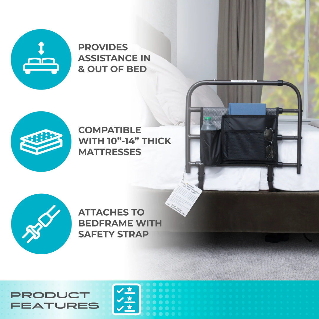 The Stander Wonder EZ Adjust Bed Rail - Extendable attaches to your mattress and features secure pouches for holding books and glasses. Three icons highlight that it assists in getting in and out of bed, fits mattresses 10-14 inches thick, and attaches to the bedframe using a safety strap.