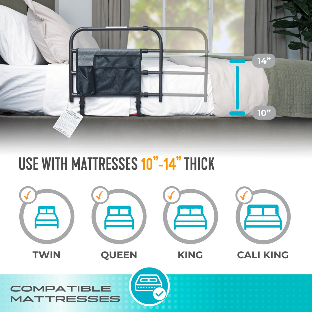 The Stander Wonder EZ Adjust Bed Rail - Extendable is shown attached to a bed with a grey blanket, displaying height measurements suitable for mattress thicknesses from 10 to 14 inches. Icons highlight its compatibility with Twin, Queen, King, and California King mattresses. This extendable bed rail provides versatile protection and features easy adjustment to fit a variety of bed sizes.