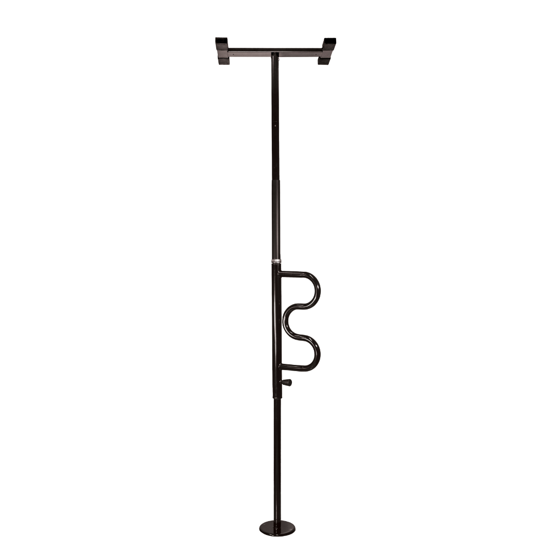 The Stander Wonder Pole is a black metal, floor-to-ceiling safety pole with a curved grab bar, providing stable sit-to-stand and bathroom support for enhanced mobility and fall prevention in the home.