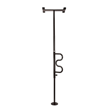 The Stander Wonder Pole is a black metal, floor-to-ceiling safety pole with a curved grab bar, providing stable sit-to-stand and bathroom support for enhanced mobility and fall prevention in the home.