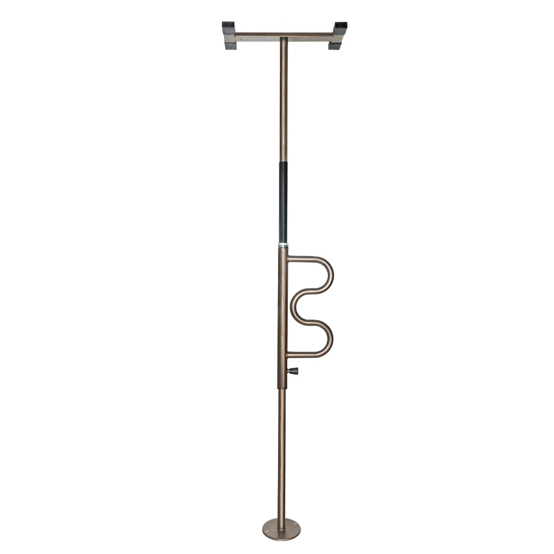 The Stander Wonder Pole – Fall Prevention Safety Pole for the Home is a floor-to-ceiling metal pole with a curved handle and rubber grip, designed to assist with standing or provide grab bar balance support.
