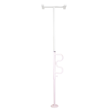 The Stander Wonder Pole is a white and pink floor-to-ceiling safety pole with a curved grab bar, designed to provide reliable support for standing and transferring at home.
