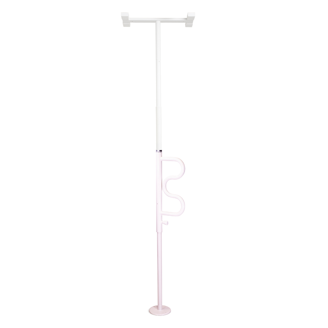 The Stander Wonder Pole is a white and pink floor-to-ceiling safety pole with a curved grab bar, designed to provide reliable support for standing and transferring at home.