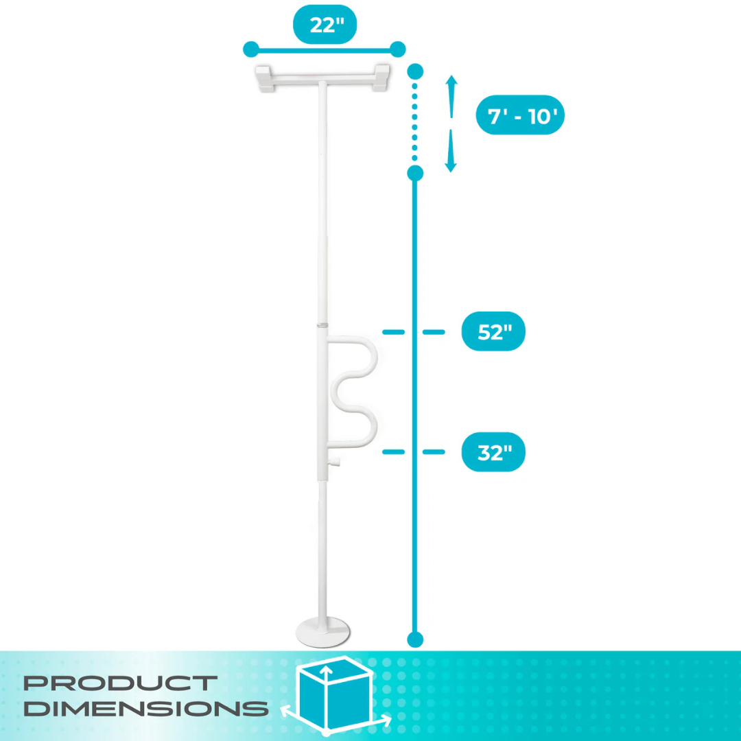 Diagram showing the Stander Wonder Pole HD – Bariatric Fall Prevention Safety Pole in white, floor-to-ceiling with a handle. Adjustable height from 7' to 10', 22" wide top, grab bars at 32" and 52". "Product Dimensions" text is displayed below.