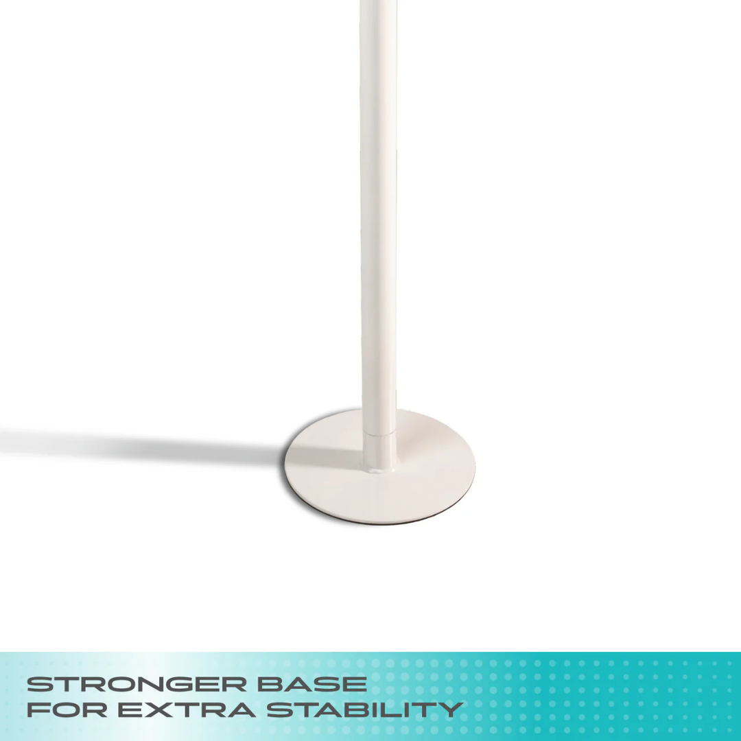 The Stander Wonder Pole HD - Bariatric Fall Prevention Safety Pole stands tall on a round, solid base. A blue banner at the bottom reads, STRONGER BASE FOR EXTRA STABILITY, emphasizing enhanced support and fall prevention.
