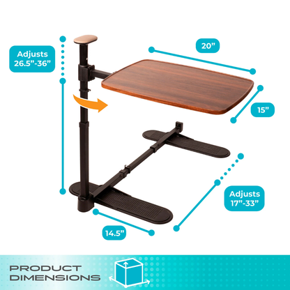 The Stander Wonder Tray Plus – TV Tray & Standing Aid features a brown wood surface, black metal frame, height adjustable from 26.5"–36", 20"x15" tray, 14.5" wide base, and base height adjustable from 17"–33".