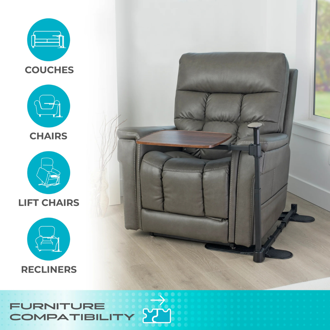 The Stander Wonder Tray Plus – TV Tray & Standing Aid is attached to a brown padded recliner by the window. Icons and text indicate it's compatible with couches, chairs, lift chairs, and recliners.