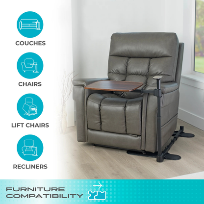 The Stander Wonder Tray Plus – TV Tray & Standing Aid is attached to a brown padded recliner by the window. Icons and text indicate it's compatible with couches, chairs, lift chairs, and recliners.
