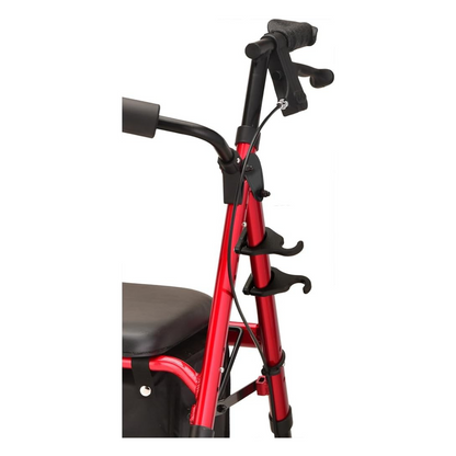 A close-up of a red mobility walker displays the padded seat, braking handlebars, cane holder, and adjustable cup holder—accessories from the Nova Medical Star Series & Express Rollator Accessories collection.