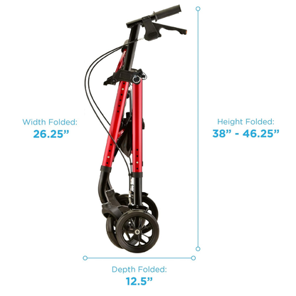 The Nova Medical Star DX Heavy Duty Bariatric Rollator Walker with Extra Wide Seat is shown folded, measuring 26.25” wide, 38–46.25” tall, and 12.5” deep, and features all-terrain wheels for extra versatility.