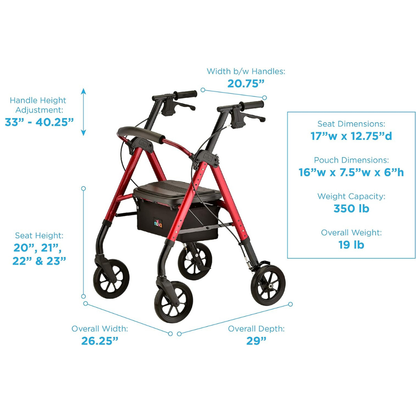 The Nova Medical Star DX Heavy Duty Bariatric Rollator Walker features an extra wide seat, all-terrain wheels, storage pouch, labeled handle and seat heights, overall width/depth, and supports up to 350 lbs.