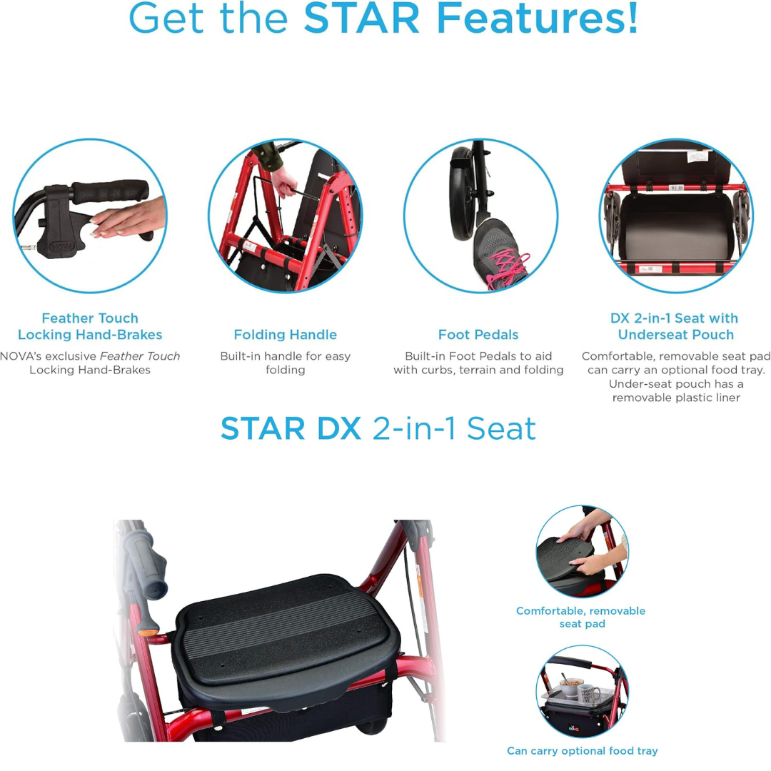 Image featuring the Nova Medical Star DX Heavy Duty Bariatric Rollator Walker with an extra wide seat, folding design, feather touch hand brakes, all-terrain wheels, foot pedals for curbs, and a removable seat with underseat pouch.