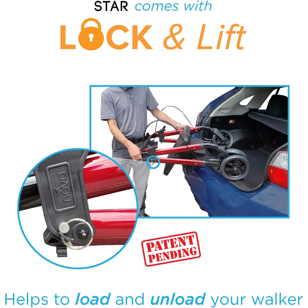 A person loads a Nova Medical Star DX Heavy Duty Bariatric Rollator Walker with Extra Wide Seat into a car trunk using the STAR Lock & Lift device. Close-up shows the patent-pending lock mechanism for easy walker loading and unloading.