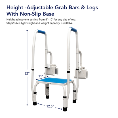 The Step2Tub Bathtub Step Stool features height-adjustable grab bars and a non-slip base. Measuring 32 tall, 11 deep, and 12.5 wide, it supports up to 300 lbs—ideal as a bed step or for safe bathtub entry.