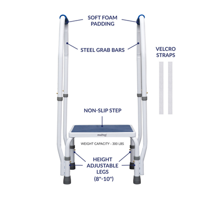 Front view of Step2Bed Mini Bedside Stepper with soft foam padding, steel grab bars, velcro straps, non-slip step, and 8-10 in height adjustable legs. Mobility aid for fall prevention; supports up to 300 lbs.