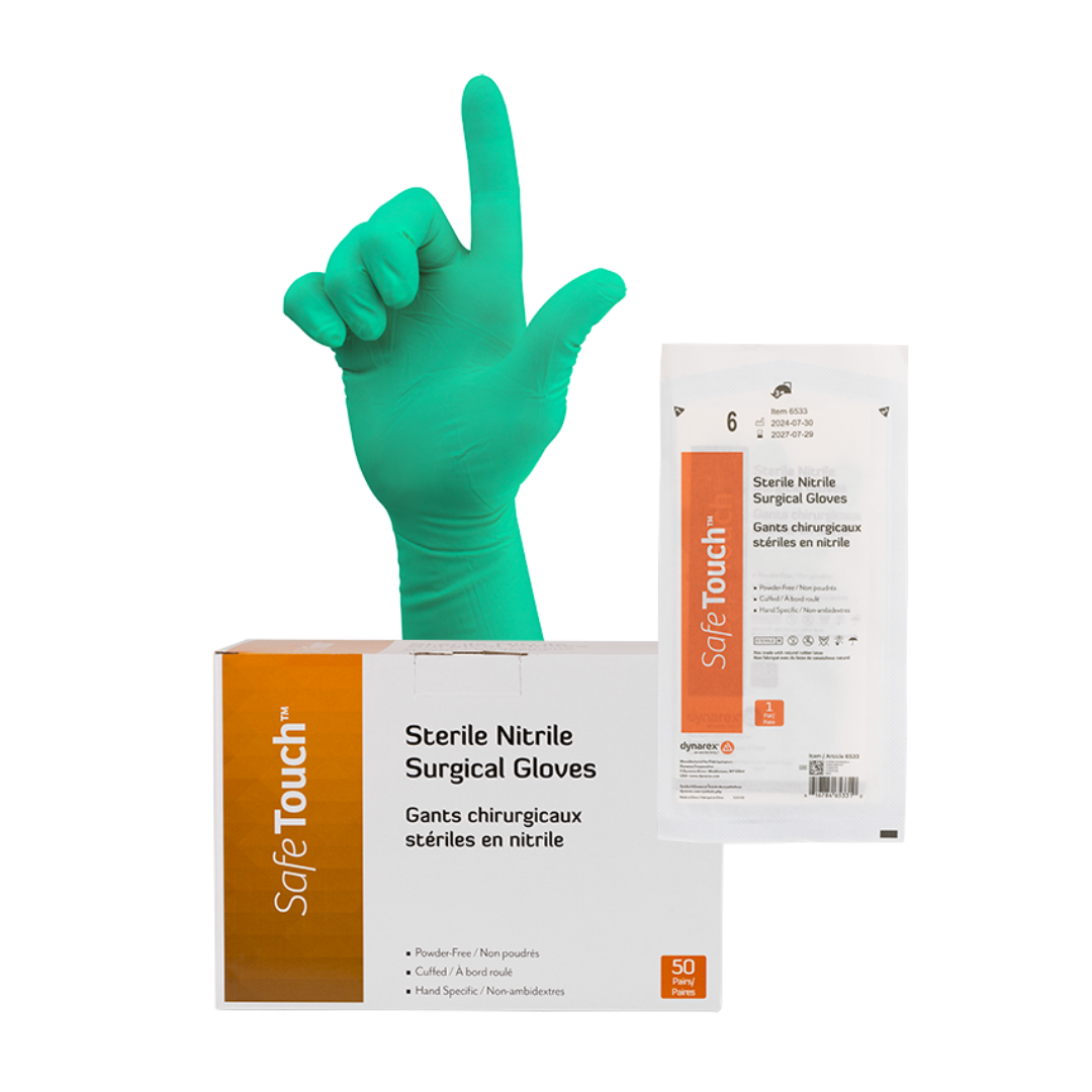 A teal-gloved hand points upward, with a box labeled Dynarex SafeTouch Sterile Nitrile Powder-Free Surgical Gloves and an individual sterile glove package showing detailed product info in the foreground.