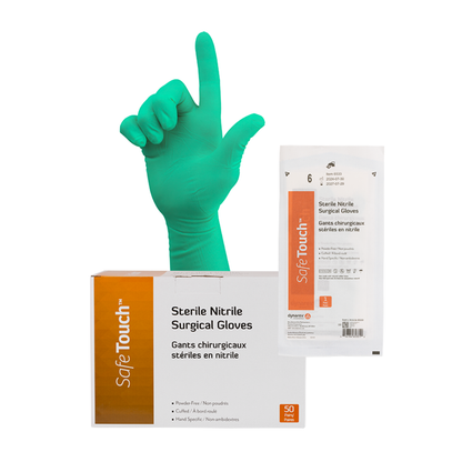 A teal-gloved hand points upward, with a box labeled Dynarex SafeTouch Sterile Nitrile Powder-Free Surgical Gloves and an individual sterile glove package showing detailed product info in the foreground.