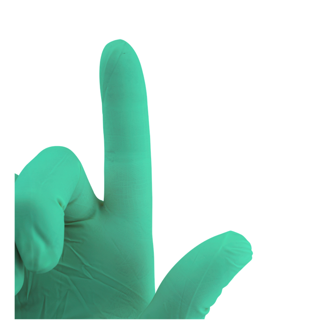A hand wearing a green Dynarex SafeTouch Sterile Nitrile Powder-Free Surgical Glove forms an L shape with the thumb and index finger extended against a white background.