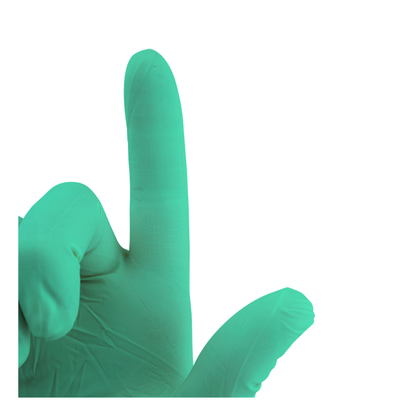 A hand wearing a green Dynarex SafeTouch Sterile Nitrile Powder-Free Surgical Glove forms an L shape with the thumb and index finger extended against a white background.