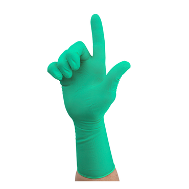 A hand wearing a Dynarex SafeTouch Sterile Nitrile Powder-Free Surgical Glove in green is raised against a white background, with the index finger pointing up and the thumb extended to form an L shape.