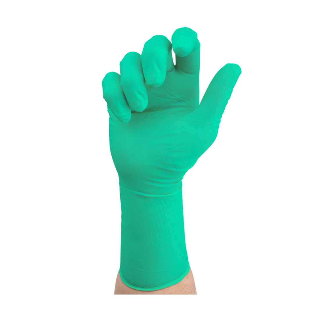 A hand wearing a Dynarex SafeTouch Sterile Nitrile Powder-Free Surgical Glove in bright green is shown against a white background, with fingers slightly curled.