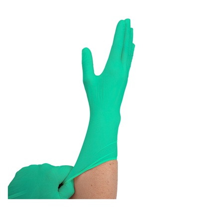 A person pulls on a Dynarex SafeTouch Sterile Nitrile Powder-Free Surgical Glove, preparing to wear it on their right hand against a white background.