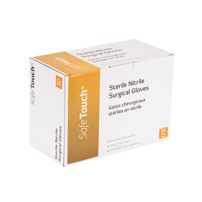 A box of Dynarex SafeTouch Sterile Nitrile Powder-Free Surgical Gloves with orange and white packaging, labeled in English and French, contains 50 pairs of sterile gloves.